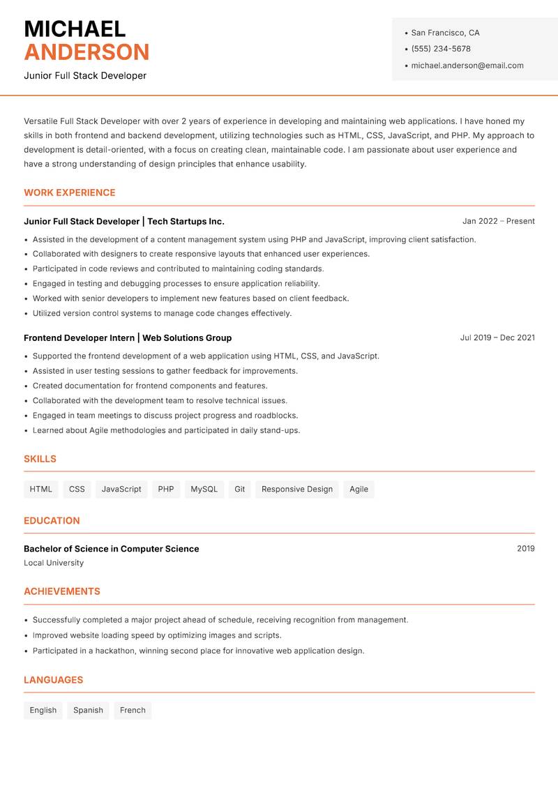 Full Stack Developer resume template — Modern Professional
