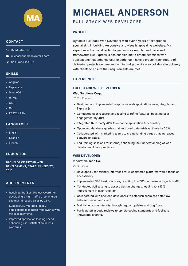 Full Stack Web Developer resume template — Classic Clean