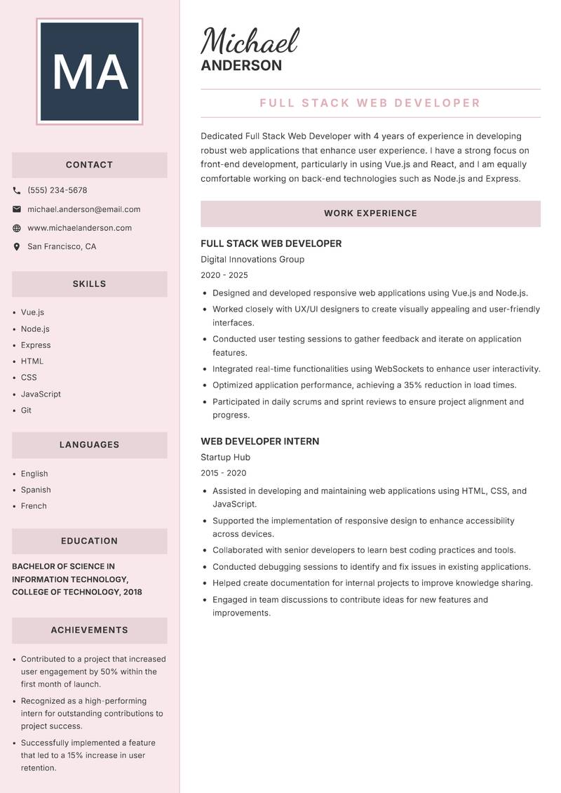 Full Stack Web Developer resume template — Executive