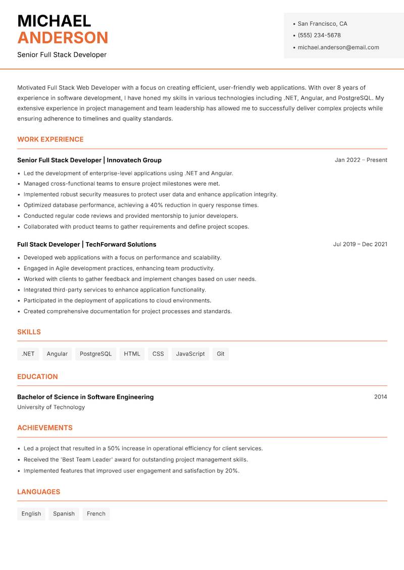 Full Stack Web Developer resume template — Modern Professional