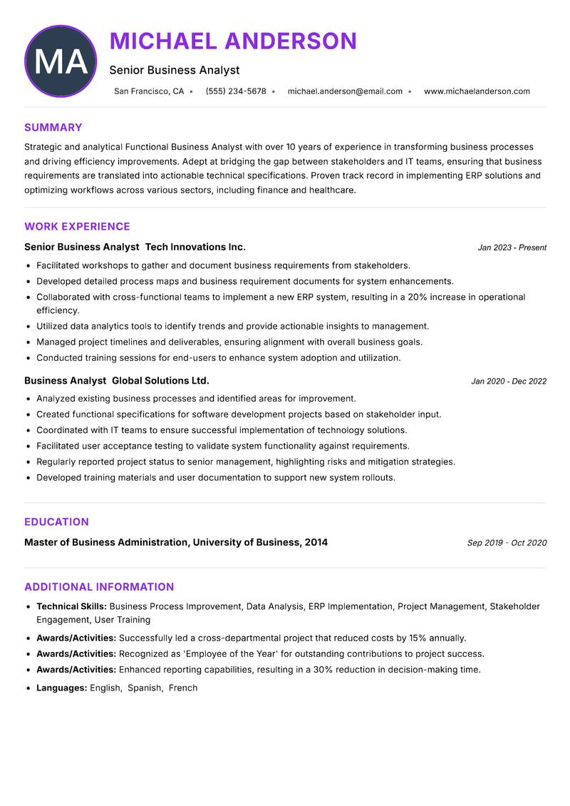 Functional Business Analyst resume example — ATS-friendly template