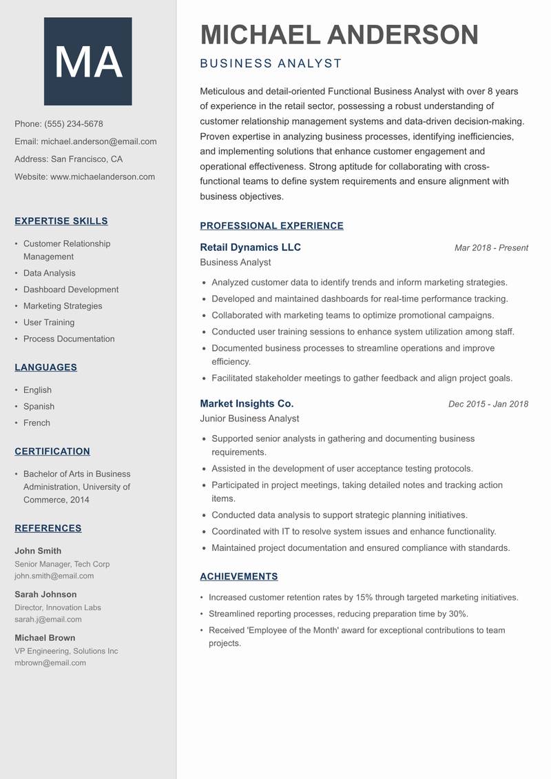Functional Business Analyst resume template — Creative Minimal