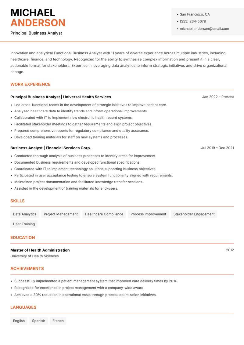 Functional Business Analyst resume template — Modern Professional