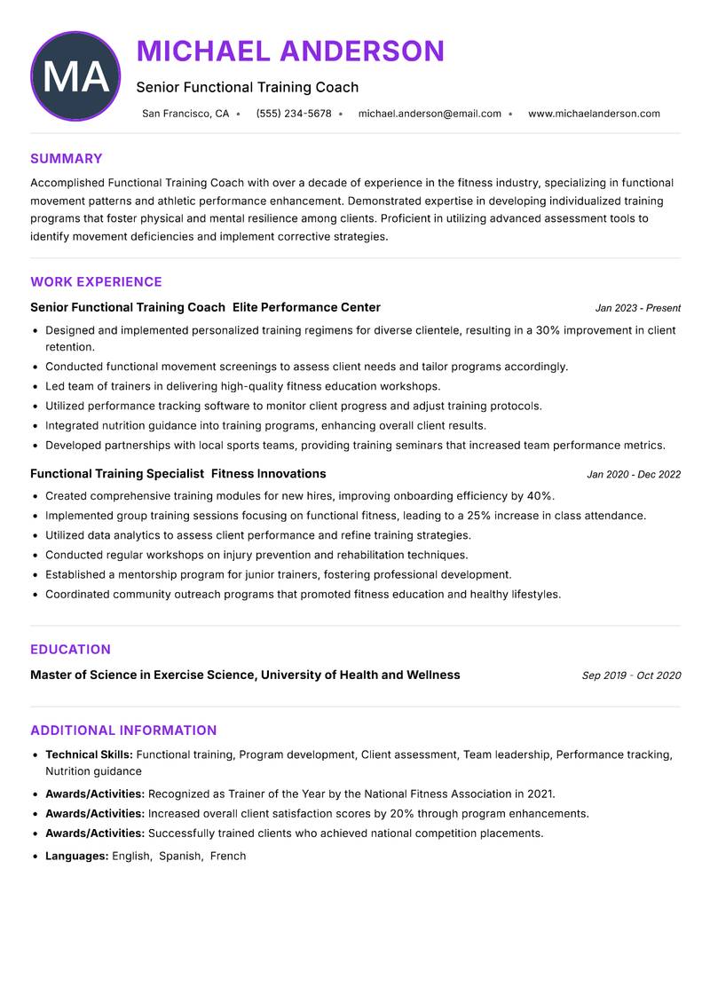 Functional Training Coach resume example — ATS-friendly template