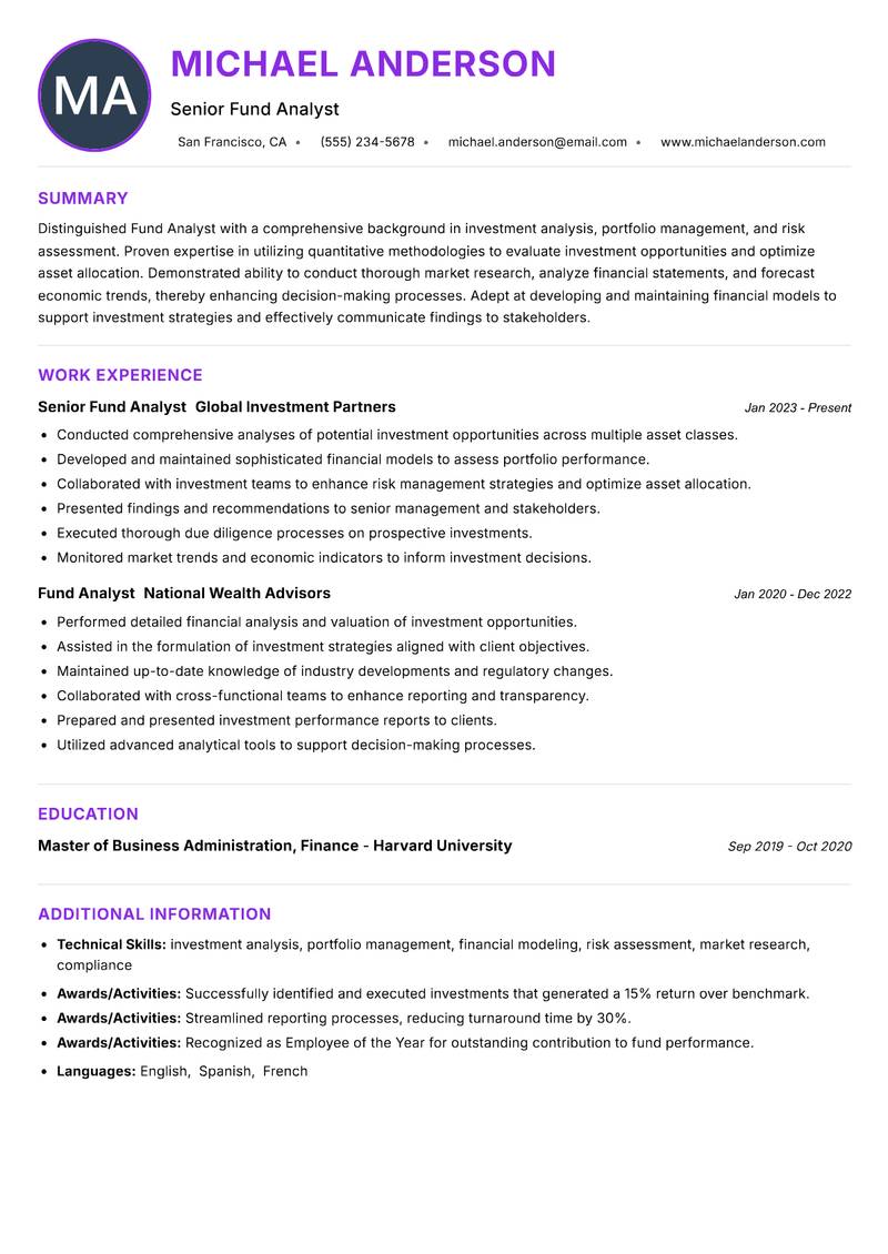 Fund Analyst resume example — ATS-friendly template