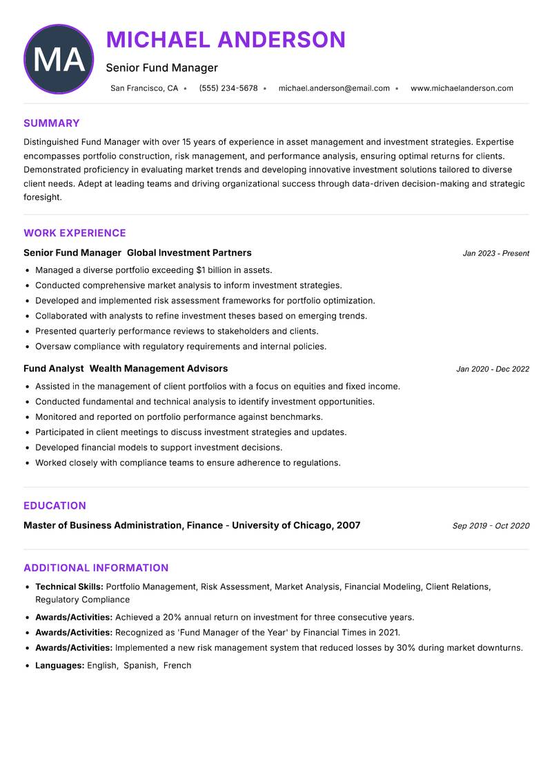 Fund Manager resume example — ATS-friendly template