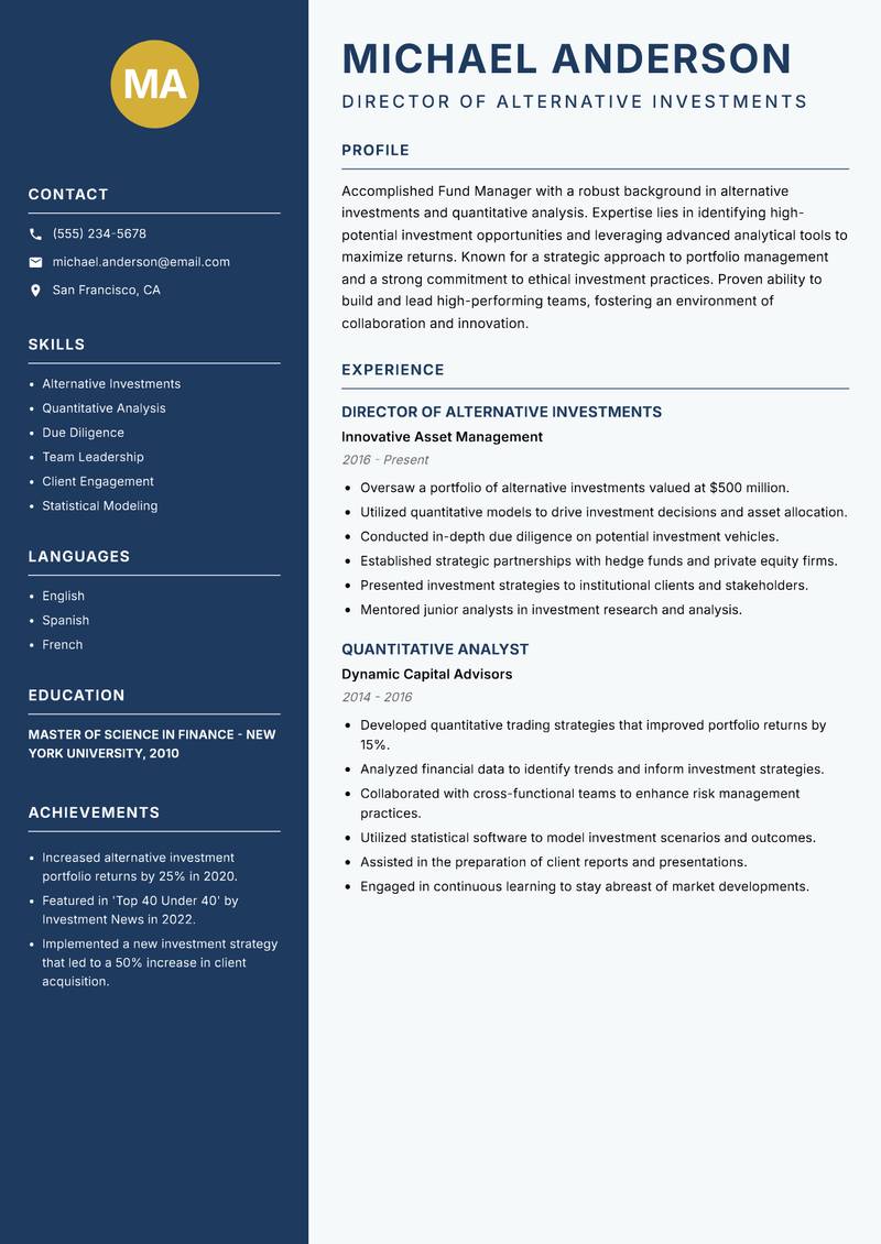 Fund Manager resume template — Classic Clean