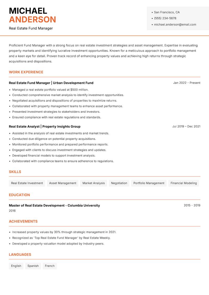 Fund Manager resume template — Modern Professional