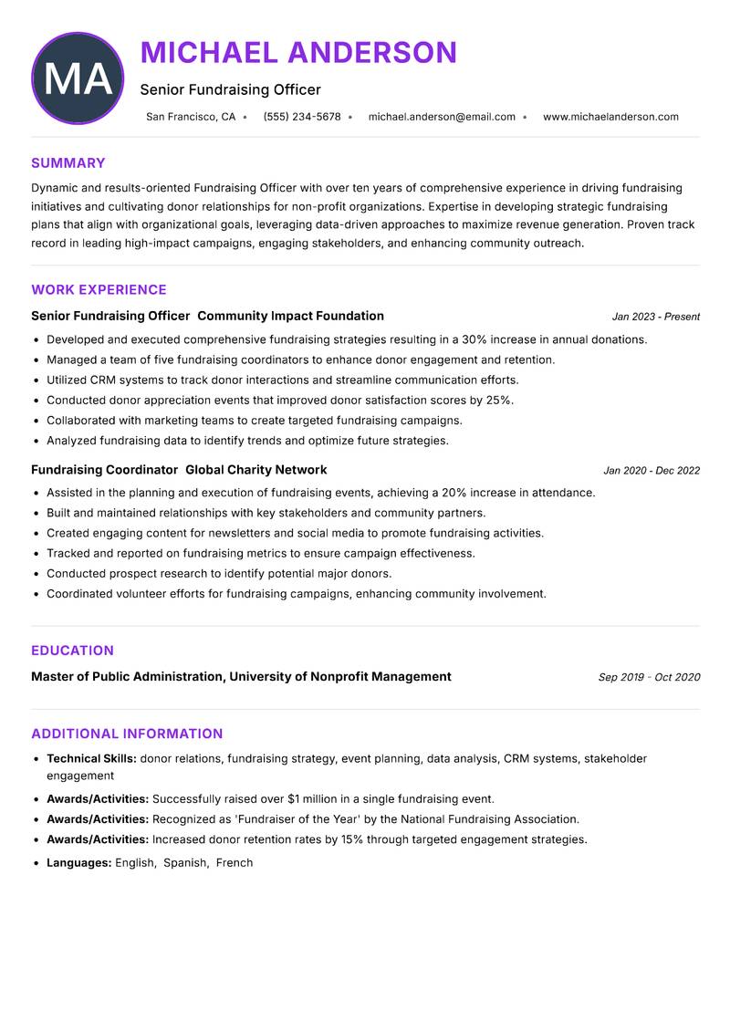 Fundraising Officer resume example — ATS-friendly template
