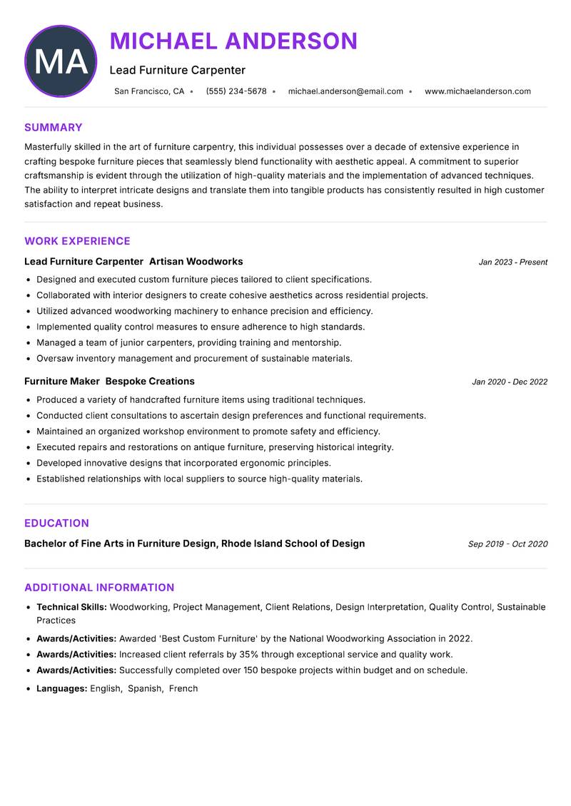 Furniture Carpenter resume example — ATS-friendly template