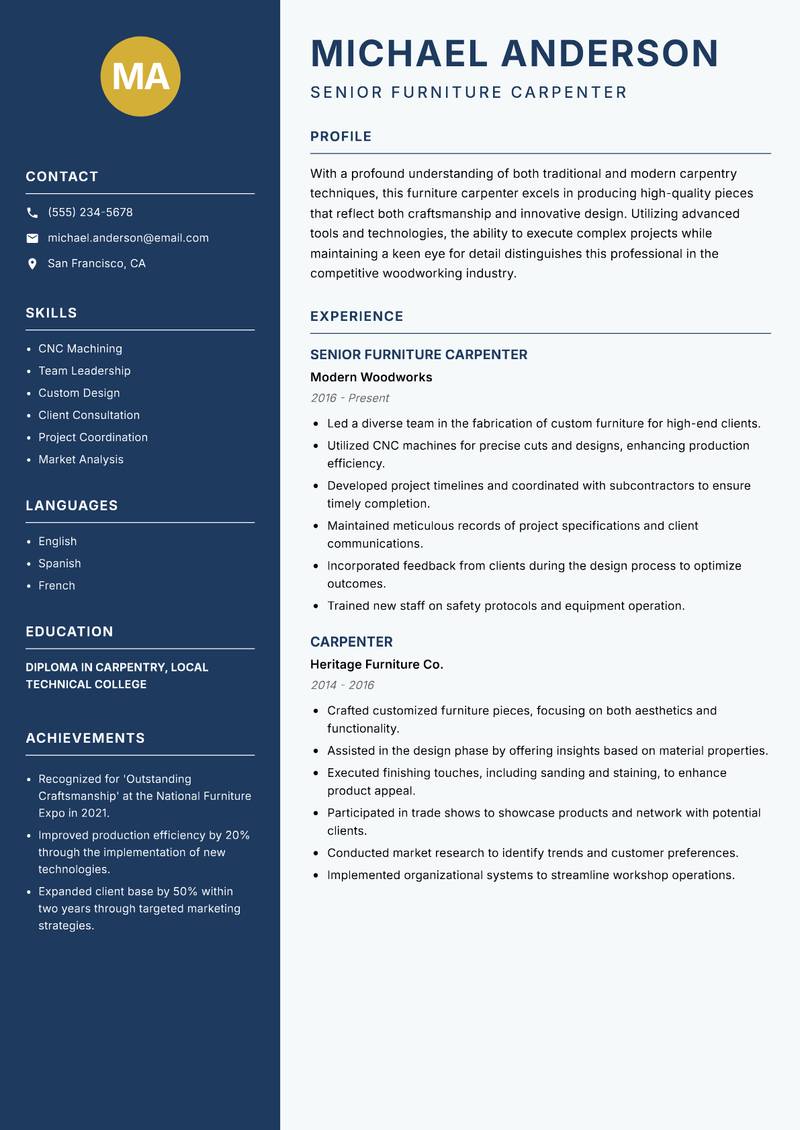 Furniture Carpenter resume template — Classic Clean