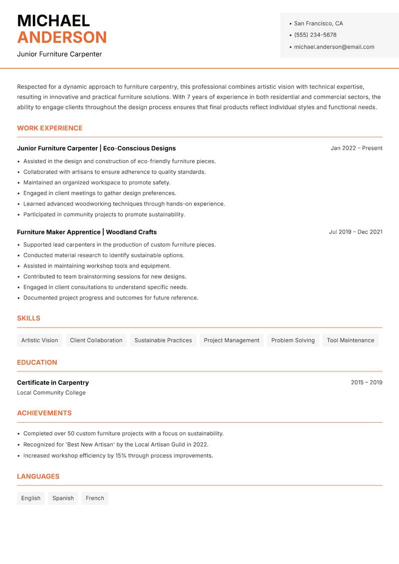 Furniture Carpenter resume template — Modern Professional