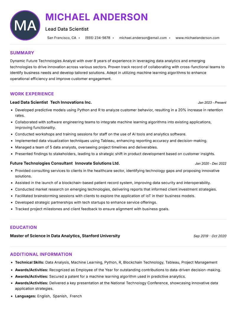 Future Technologies Analyst resume example — ATS-friendly template