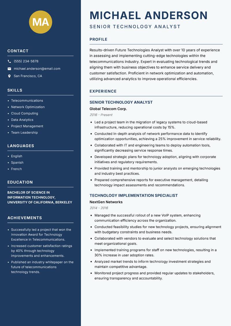 Future Technologies Analyst resume template — Classic Clean