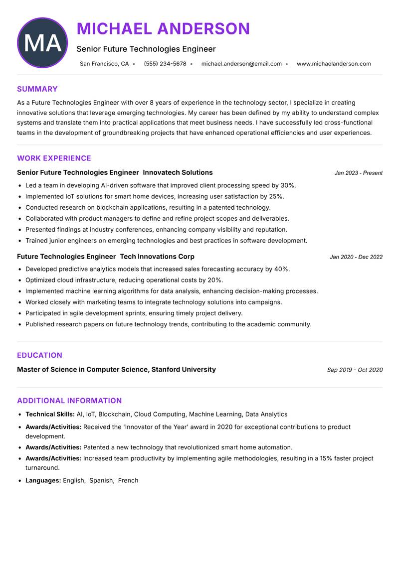 Future Technologies Engineer resume example — ATS-friendly template