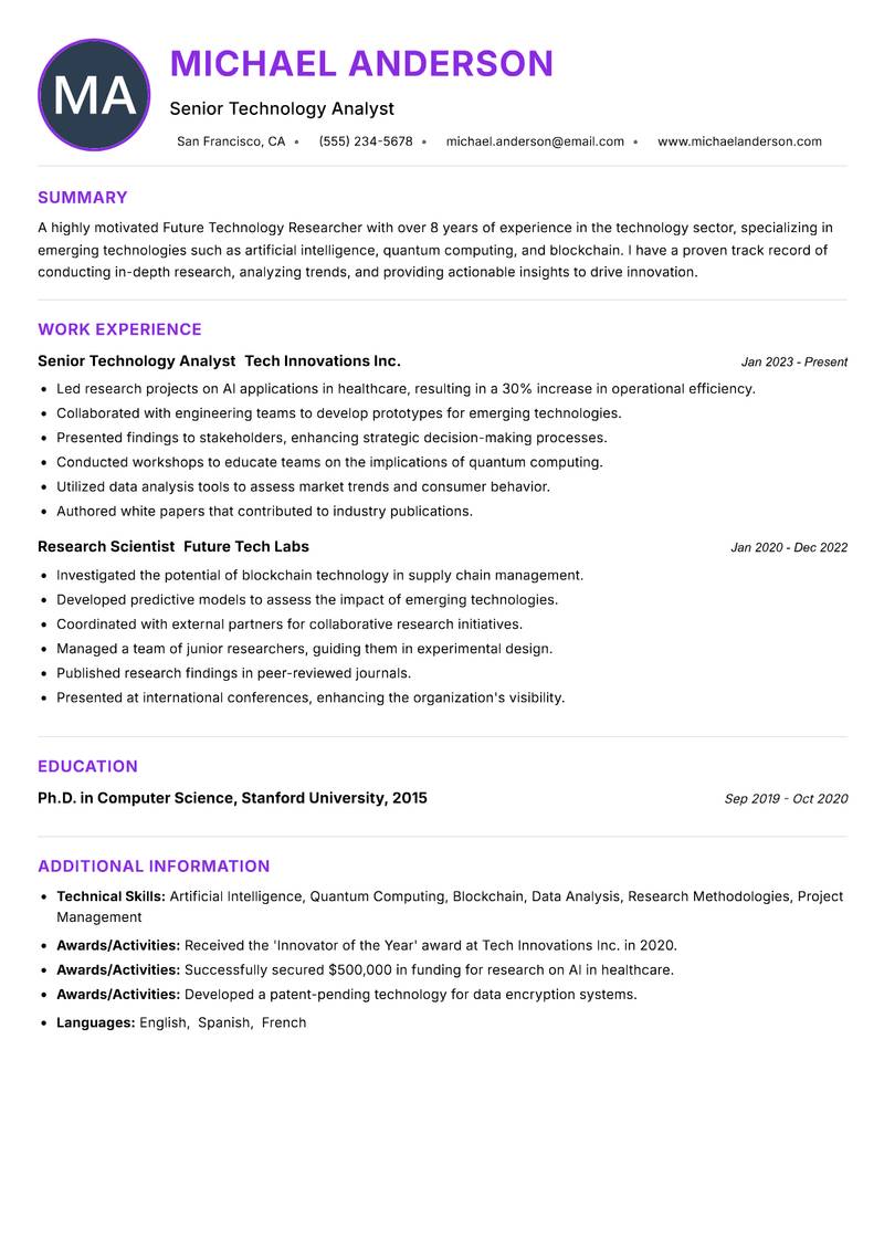 Future Technology Researcher resume example — ATS-friendly template