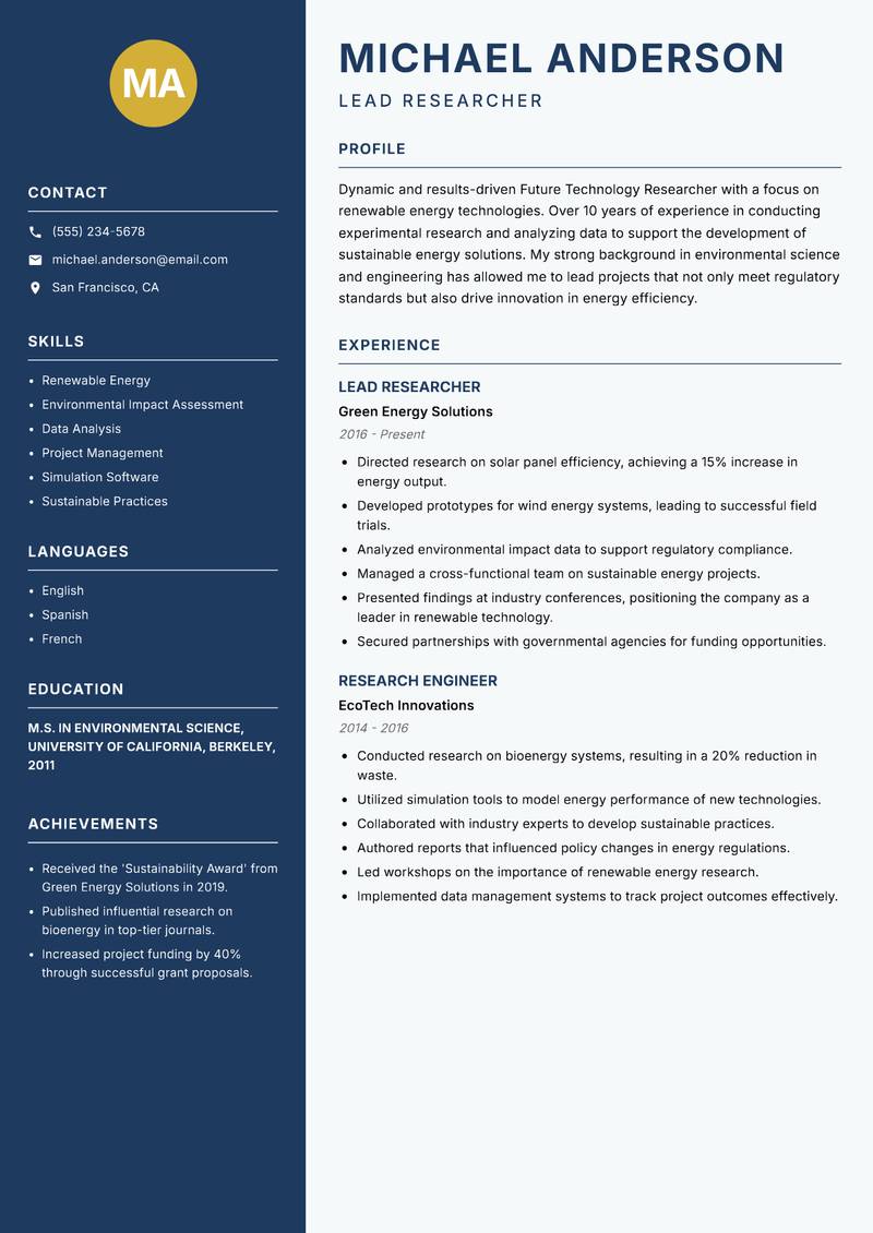 Future Technology Researcher resume template — Classic Clean