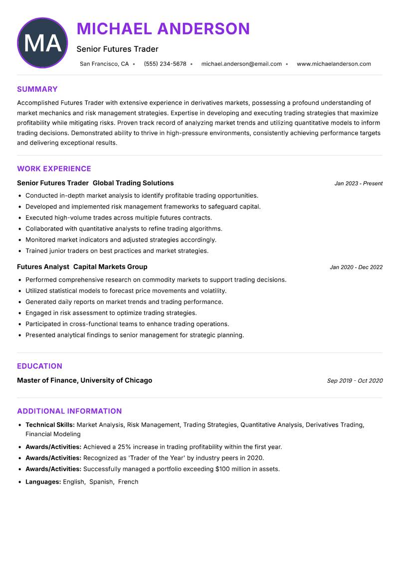 Futures Trader resume example — ATS-friendly template