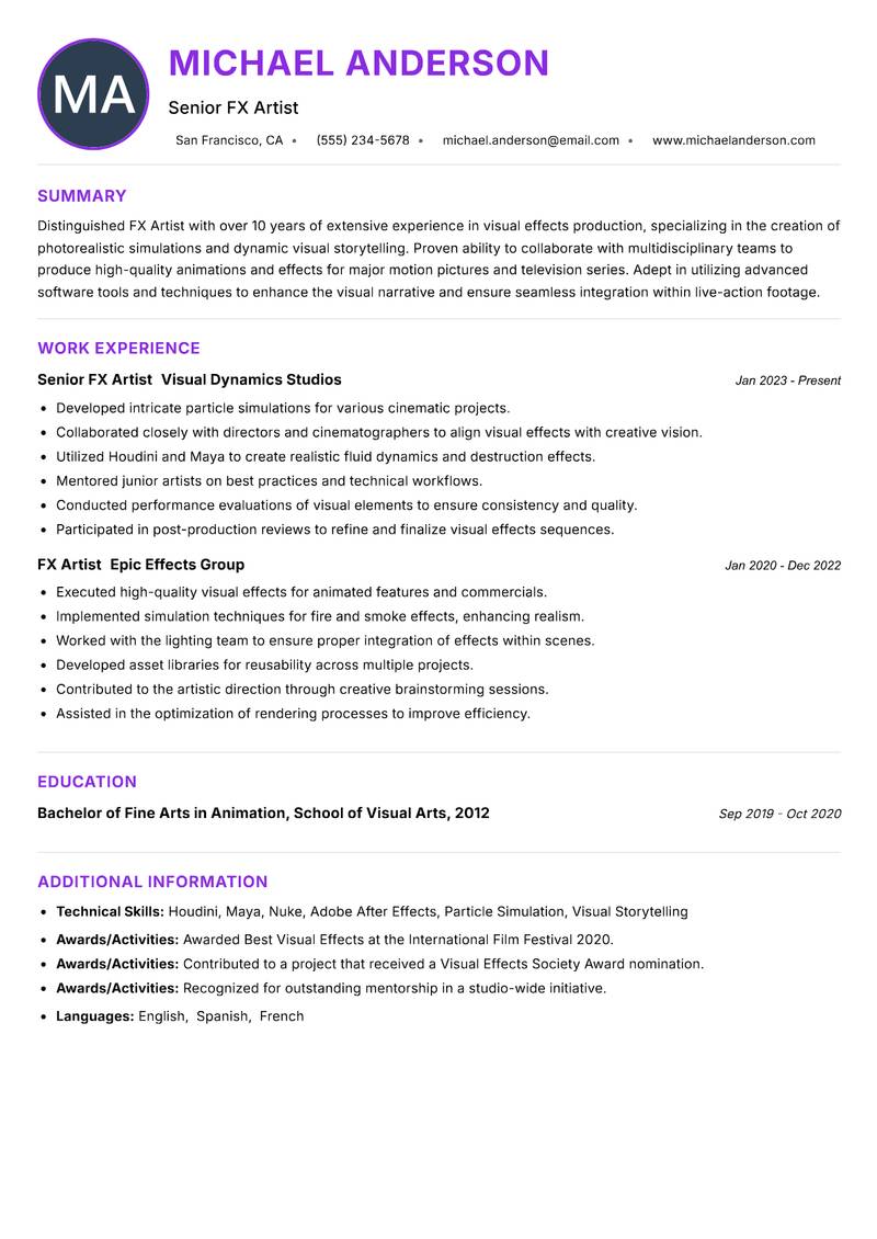 FX Artist resume example — ATS-friendly template