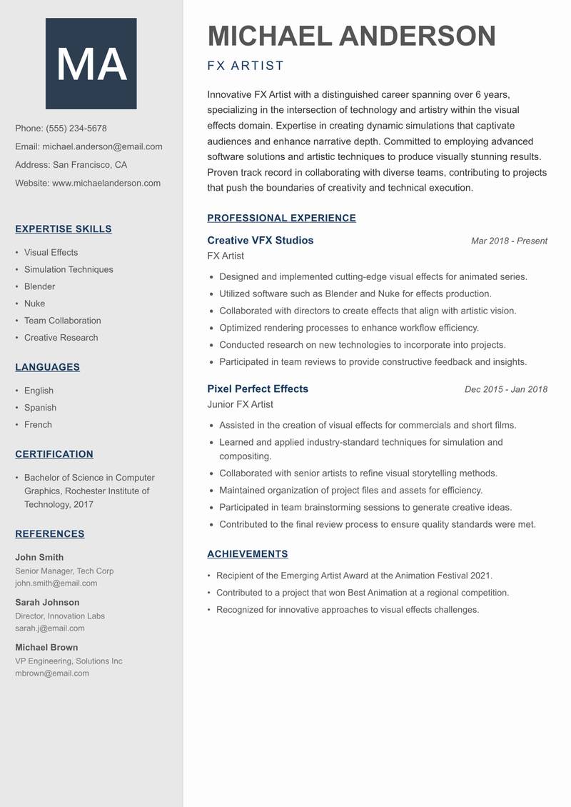FX Artist resume template — Creative Minimal