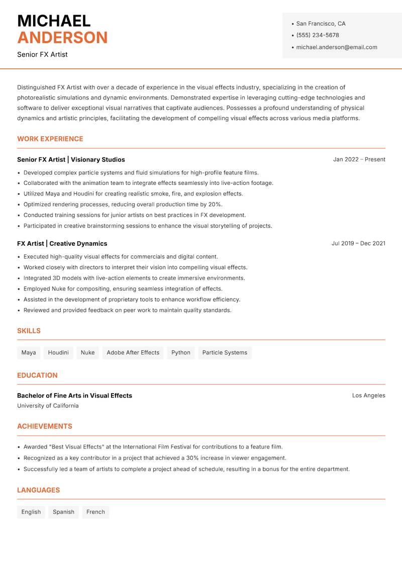 FX Artist resume template — Modern Professional