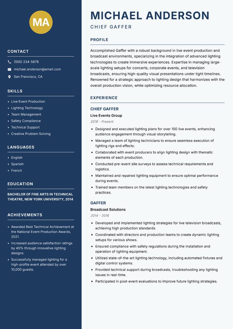 Gaffer resume template — Classic Clean