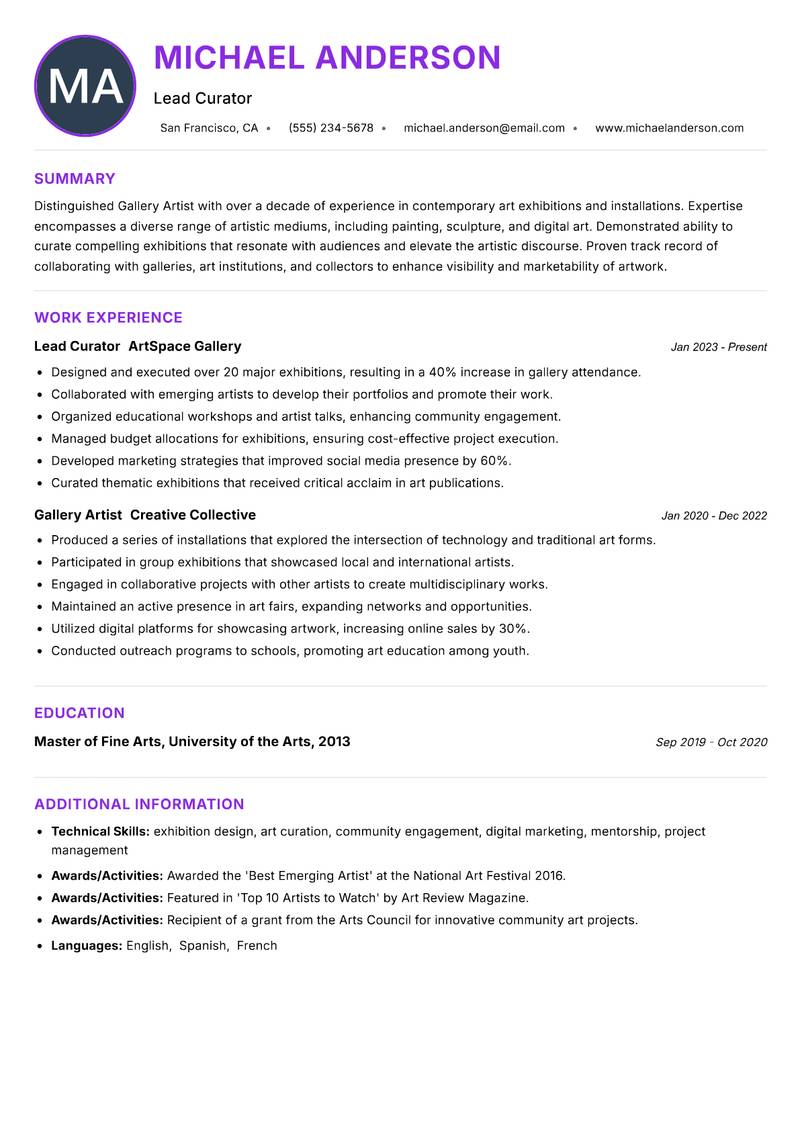 Gallery Artist resume example — ATS-friendly template