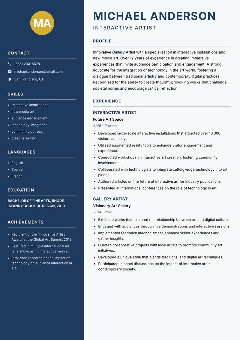 Gallery Artist resume template — Classic Clean