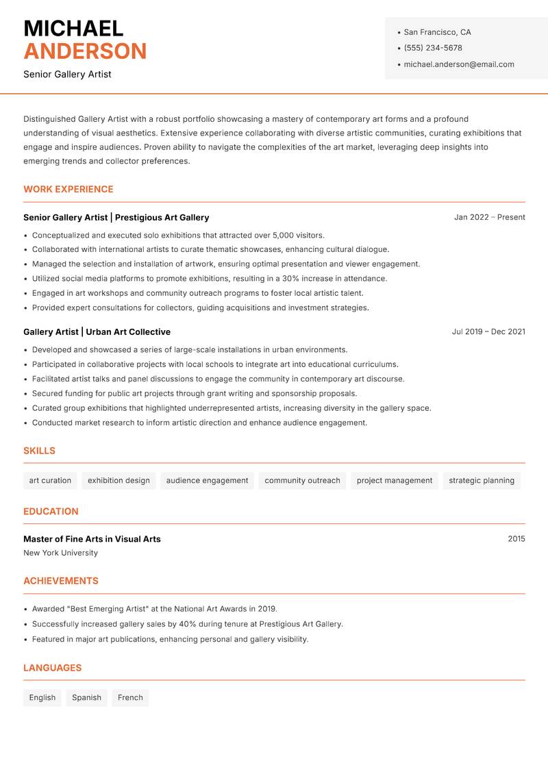 Gallery Artist resume template — Modern Professional