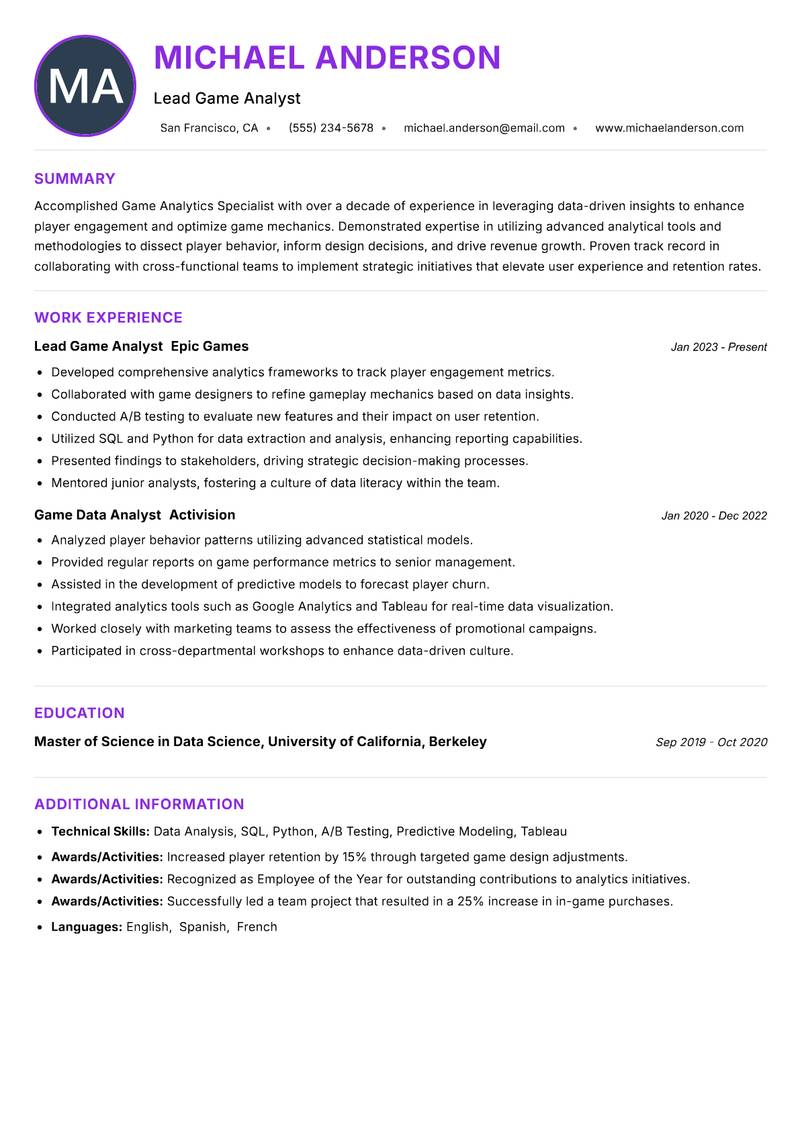 Game Analytics Specialist resume example — ATS-friendly template