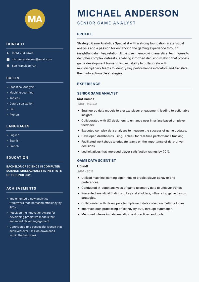 Game Analytics Specialist resume template — Classic Clean