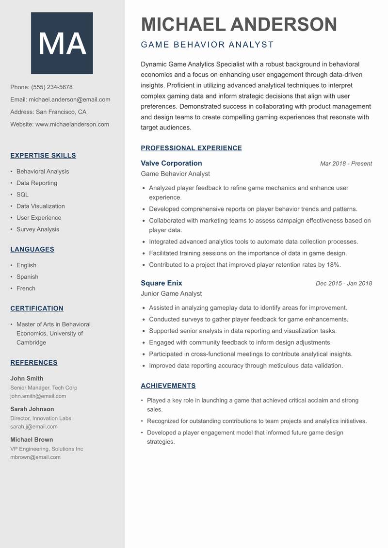 Game Analytics Specialist resume template — Creative Minimal