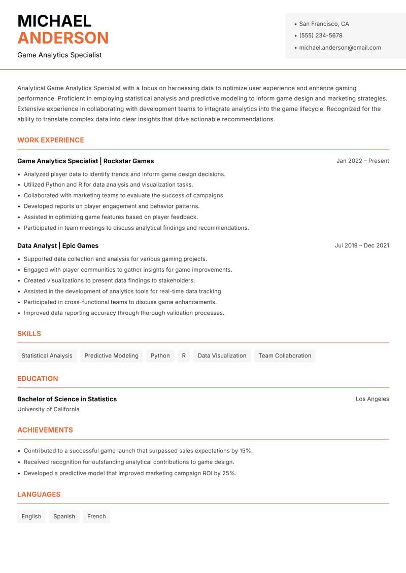 Game Analytics Specialist resume template — Modern Professional