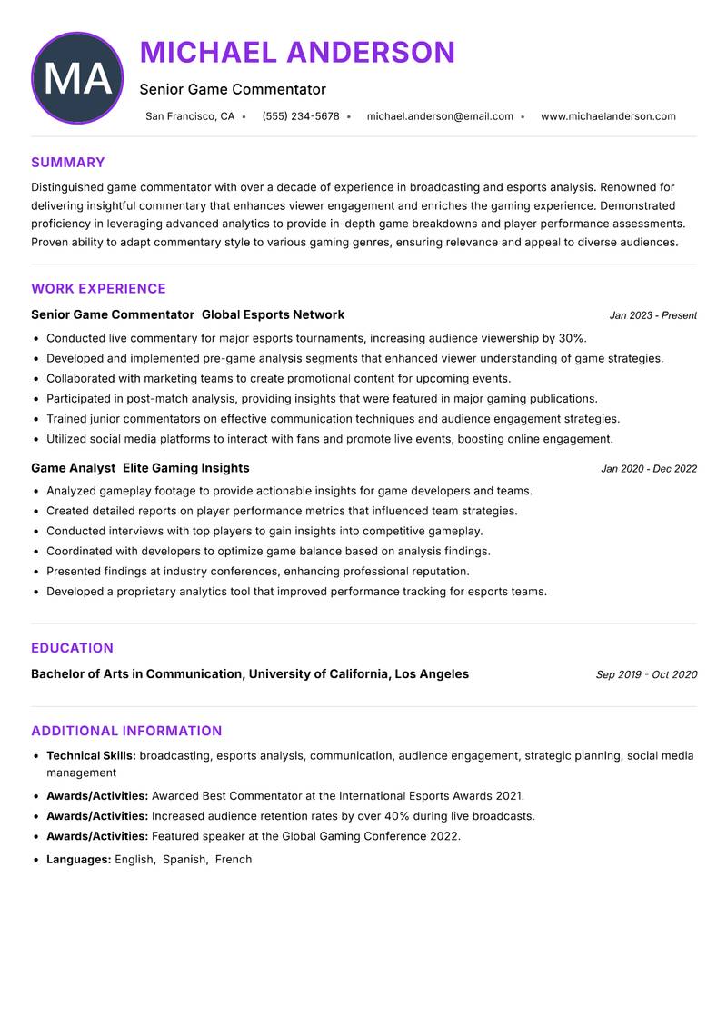 Game Commentator resume example — ATS-friendly template