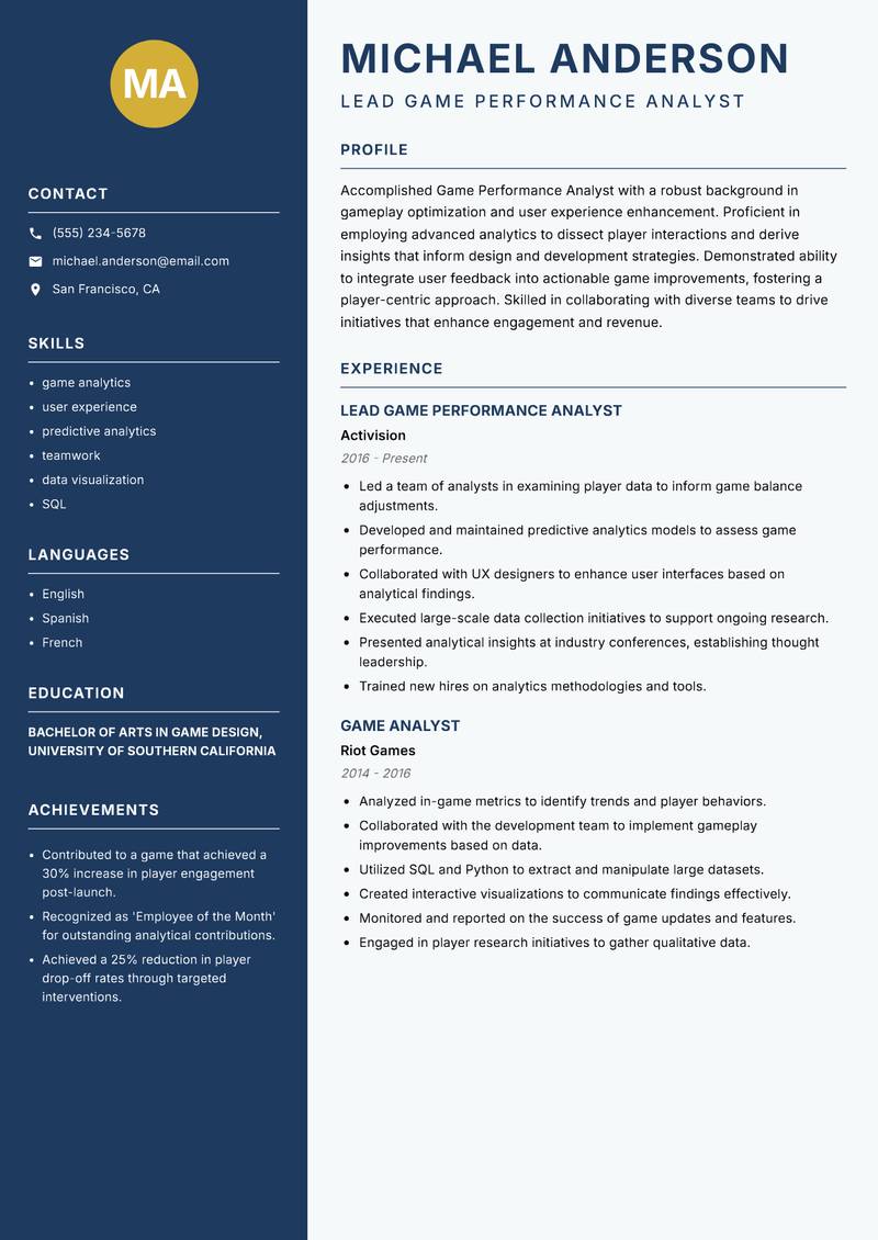 Game Performance Analyst resume template — Classic Clean