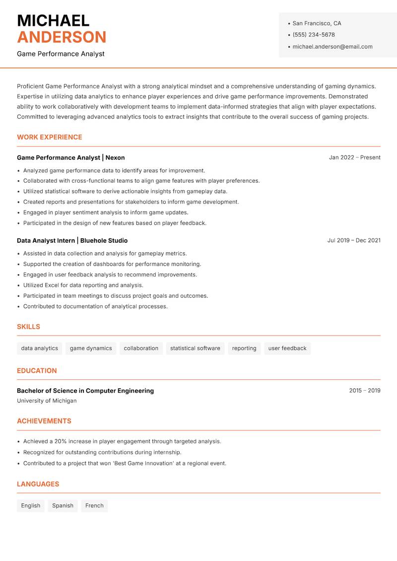 Game Performance Analyst resume template — Modern Professional
