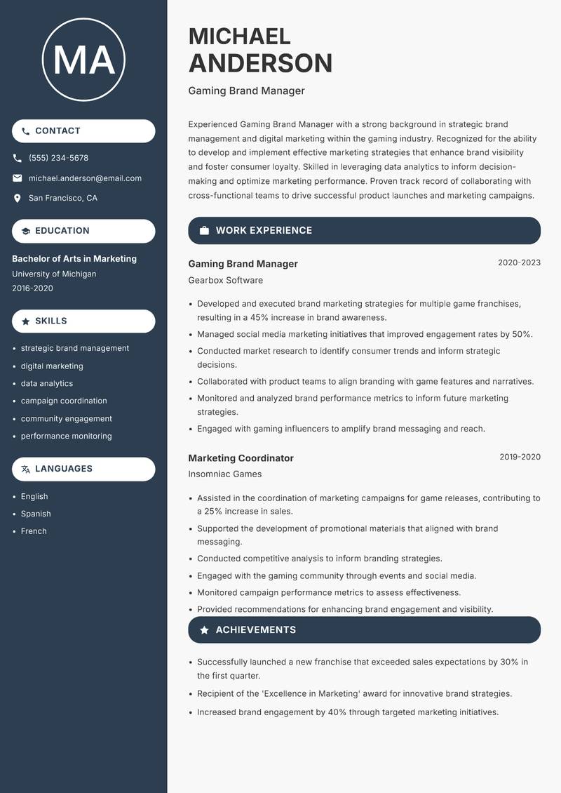 Gaming Brand Manager resume template — Compact
