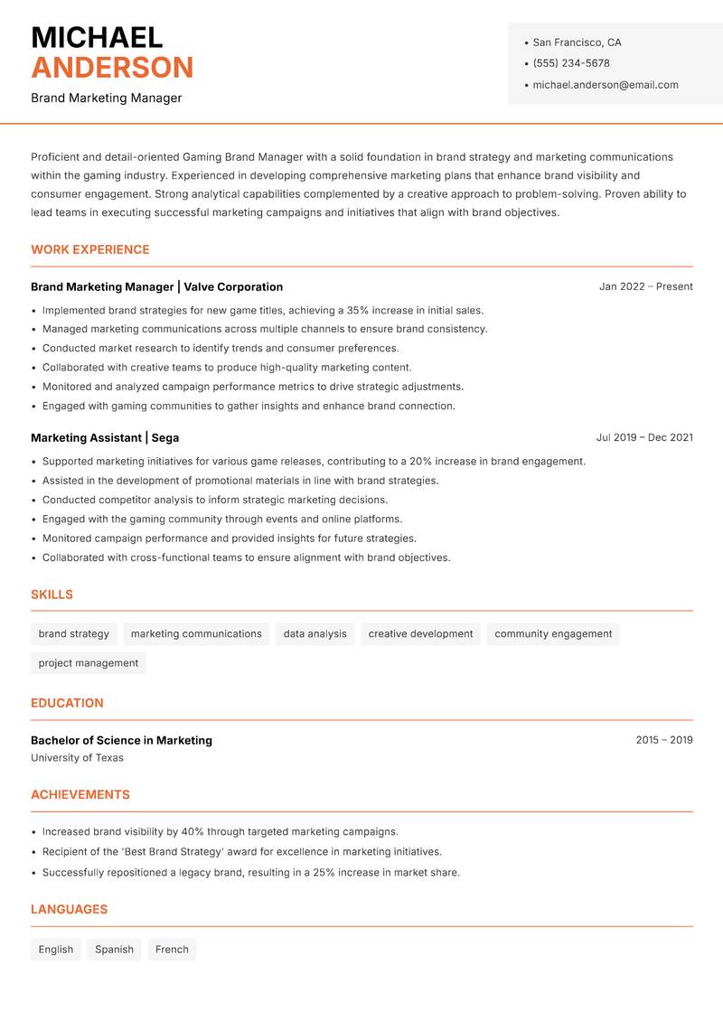 Gaming Brand Manager resume template — Modern Professional