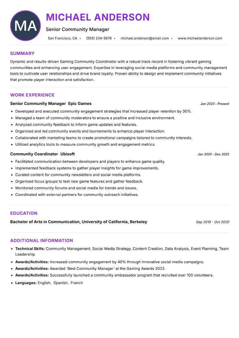 Gaming Community Coordinator resume example — ATS-friendly template