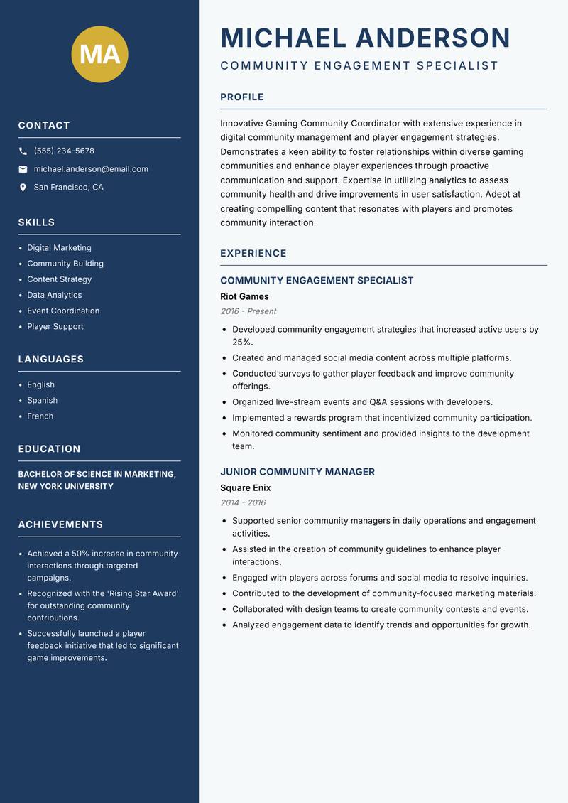Gaming Community Coordinator resume template — Classic Clean