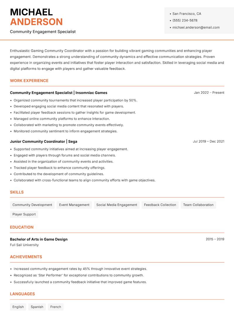 Gaming Community Coordinator resume template — Modern Professional