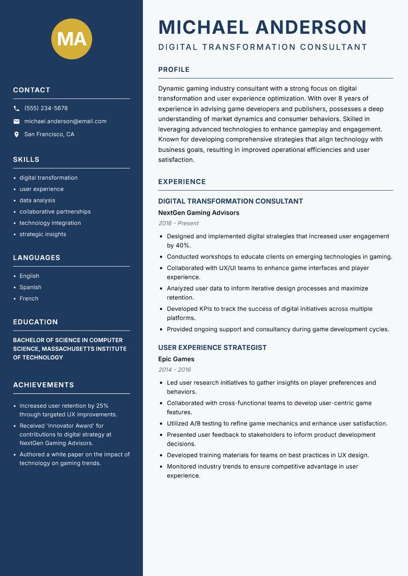 Gaming Industry Consultant resume template — Classic Clean
