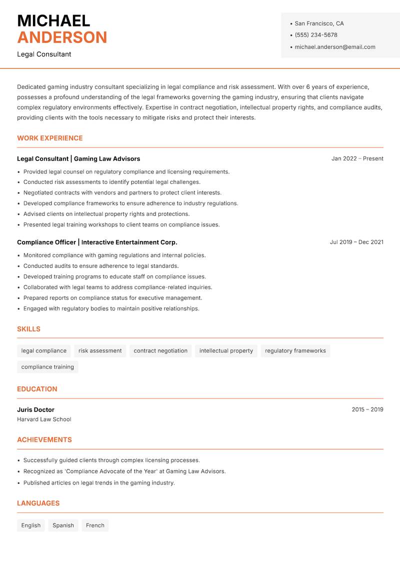 Gaming Industry Consultant resume template — Modern Professional