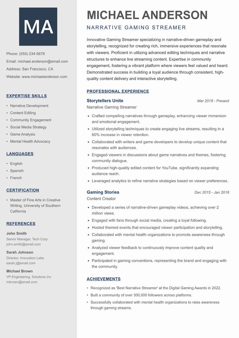 Gaming Streamer resume template — Creative Minimal