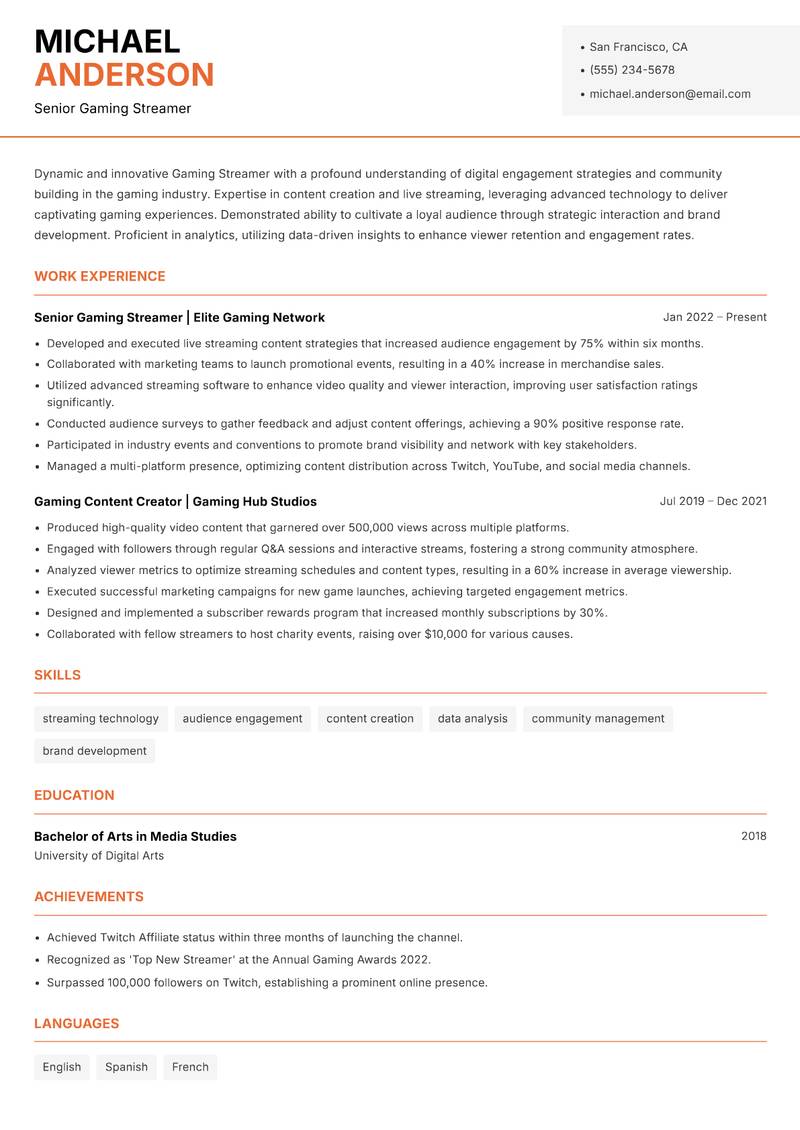 Gaming Streamer resume template — Modern Professional