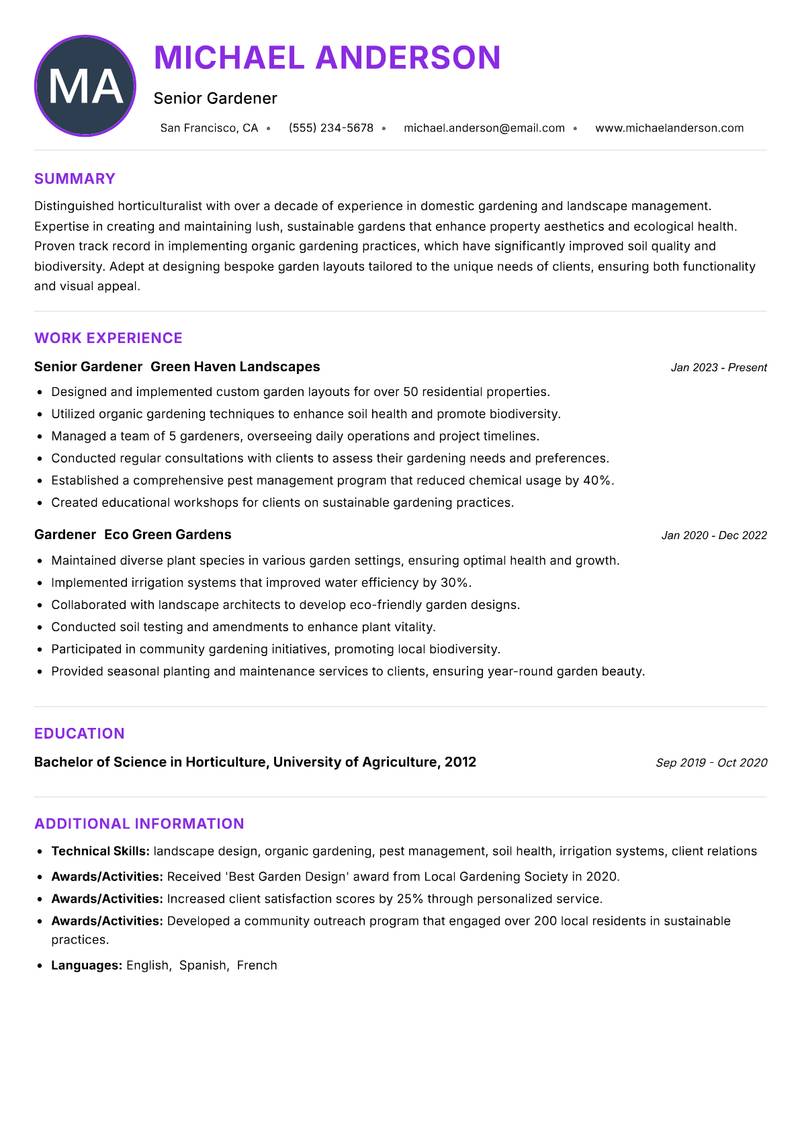 Gardener Domestic resume example — ATS-friendly template
