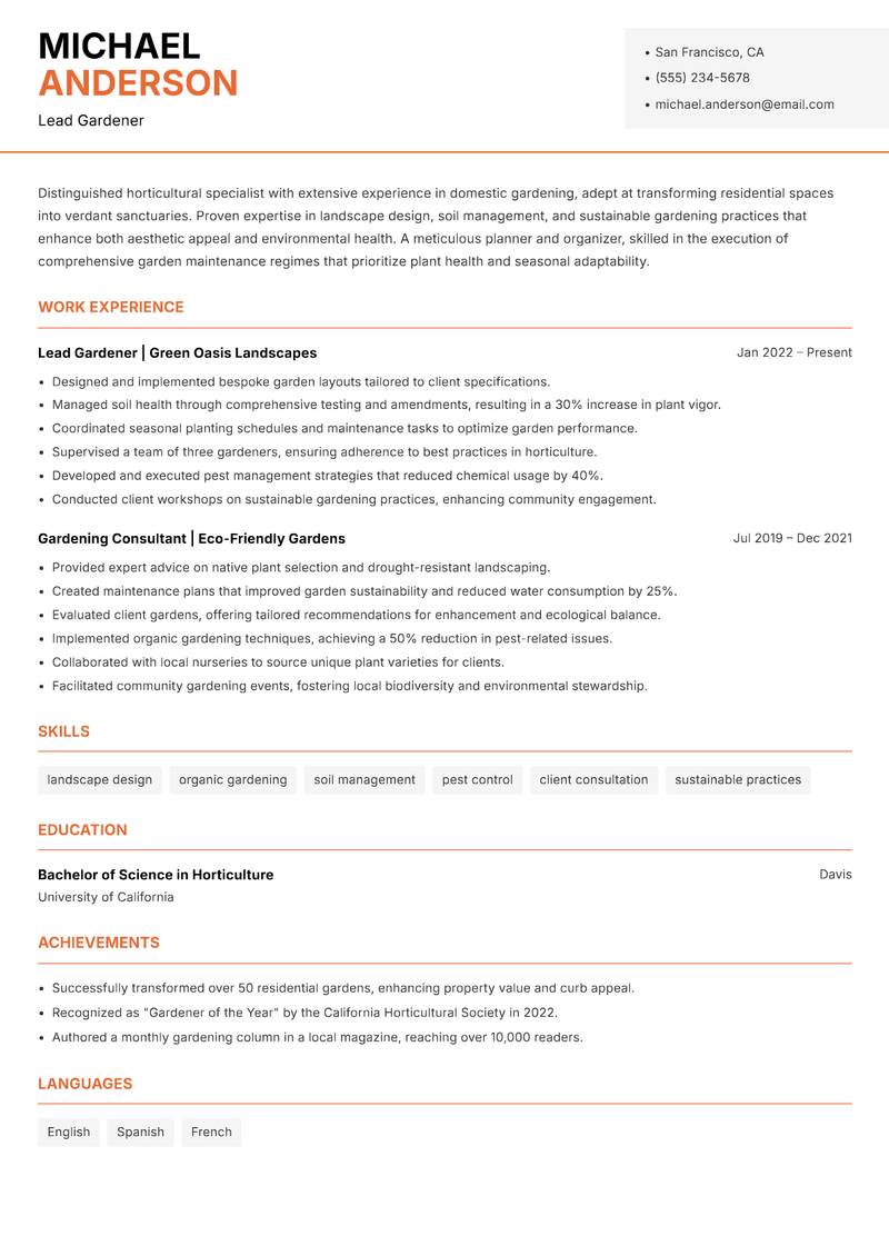 Gardener Domestic resume template — Modern Professional