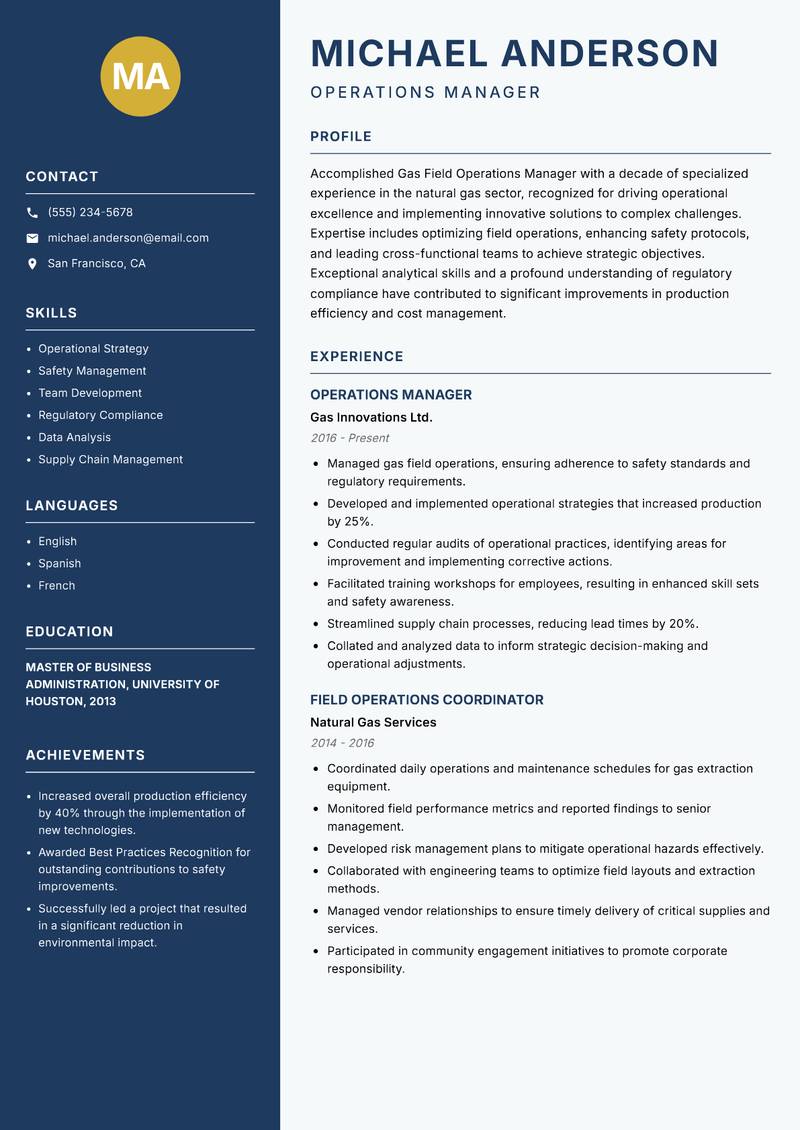 Gas Field Operations Manager resume template — Classic Clean