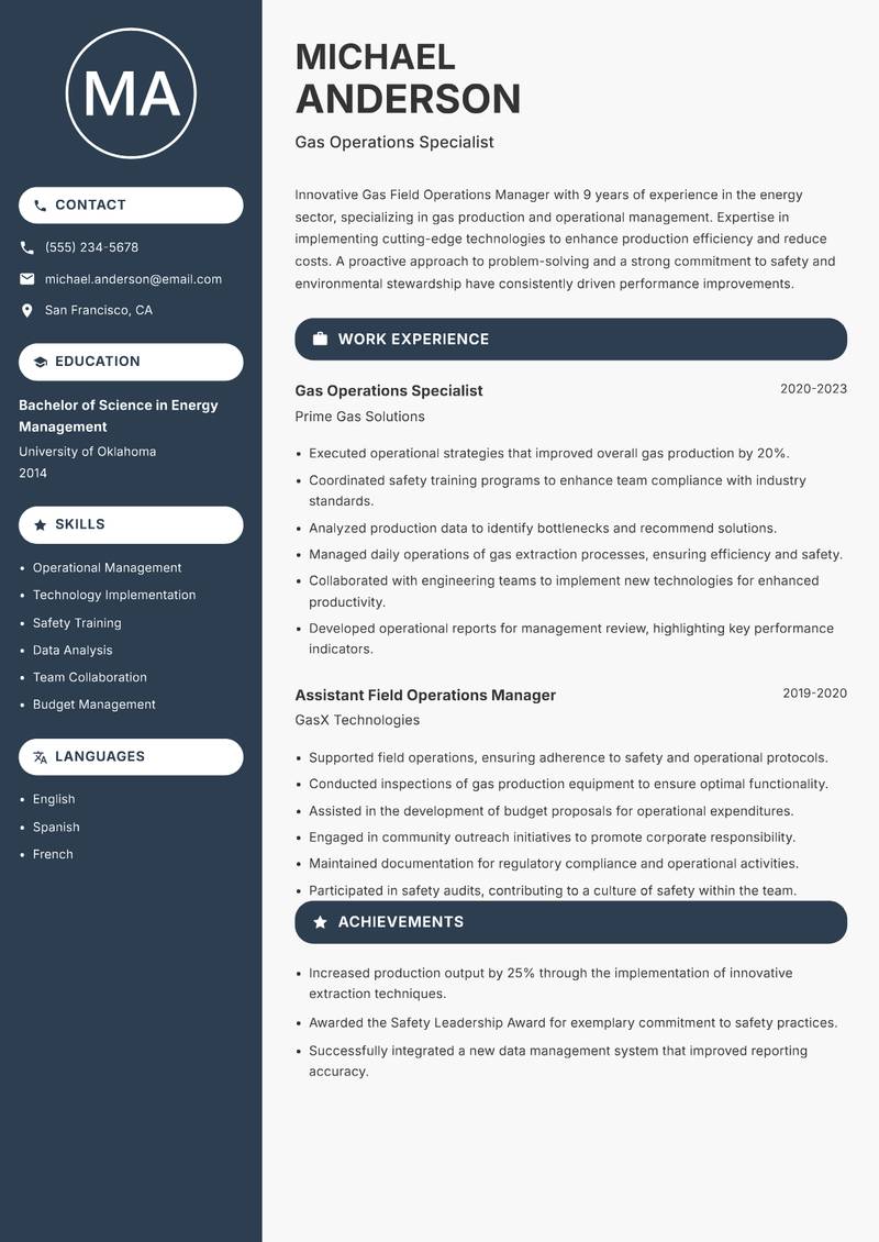 Gas Field Operations Manager resume template — Compact