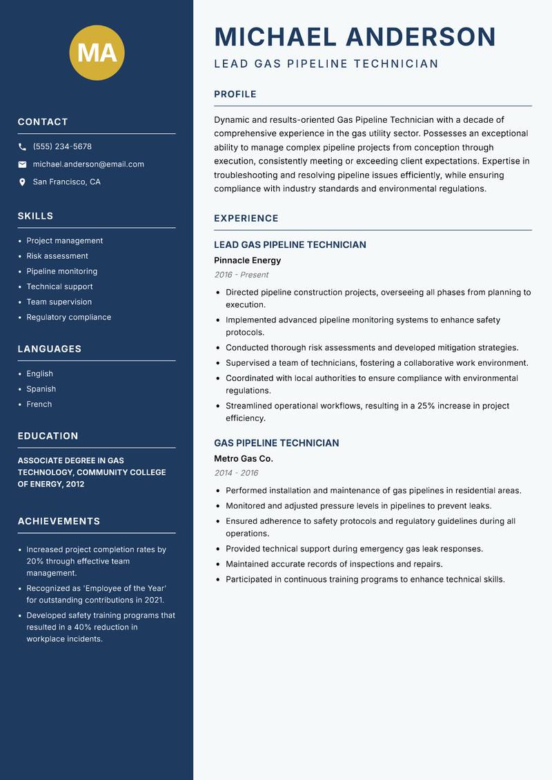 Gas Pipeline Technician resume template — Classic Clean